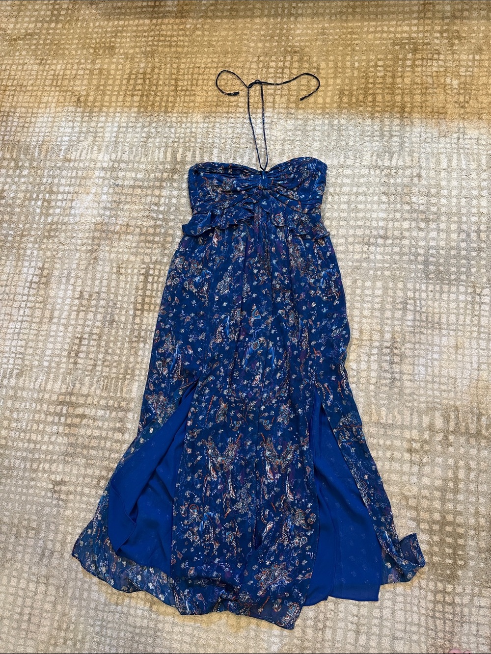 Iro size 36.  Blue Floral metallic Strapless Dress with Halter Tie